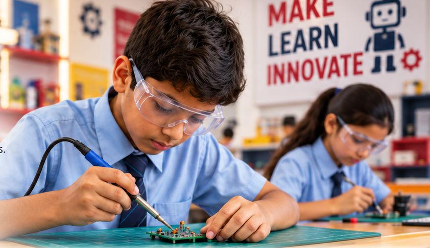 Student soldering a circuit in a school AI and Robotics Innovation Lab in Punjab