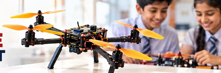 Students building a DIY quadcopter drone learning kit in an innovation lab