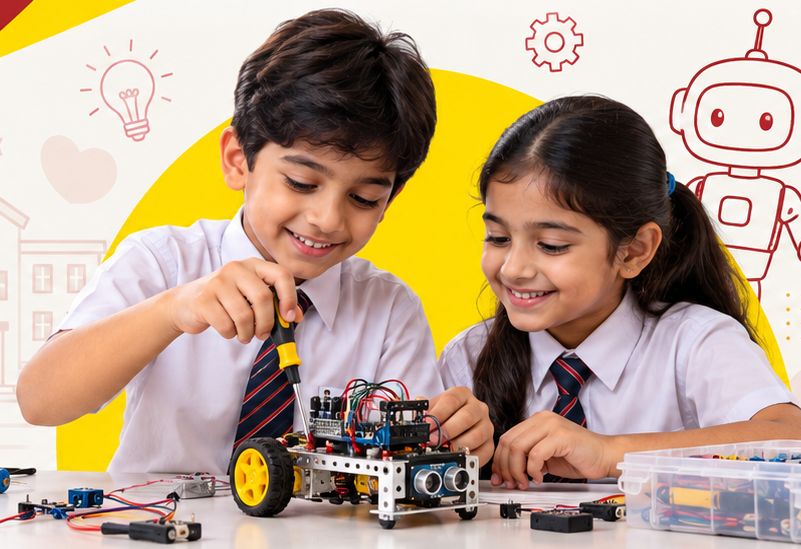 Students building and testing robots in the lab