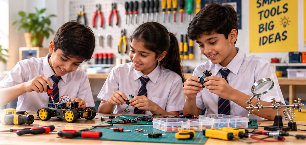 Students building robots in a school AI and Robotics Innovation Lab