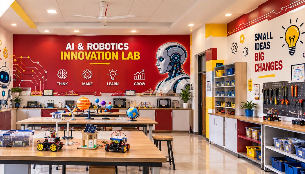 AI and Robotics Innovation Lab classroom set up by Class ON with robotics tables, 3D printers, tools wall and storage