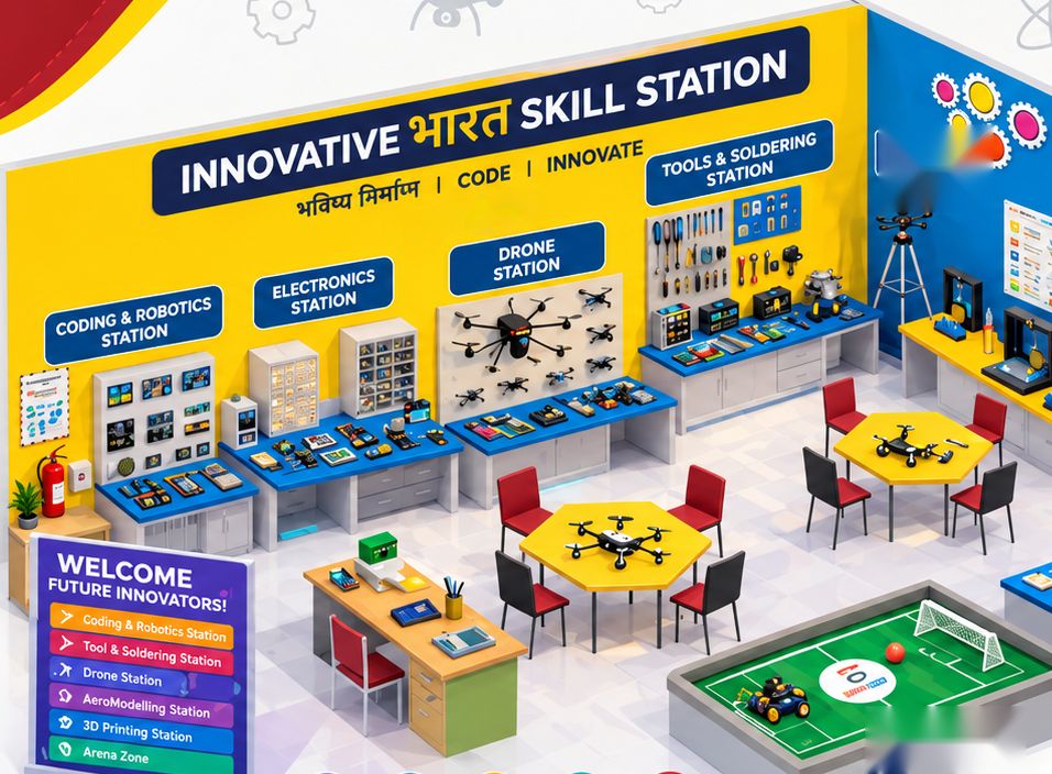 Floor plan of an AI and Robotics Innovation Lab with coding, electronics, drone, tools, 3D printing stations and a robotics arena