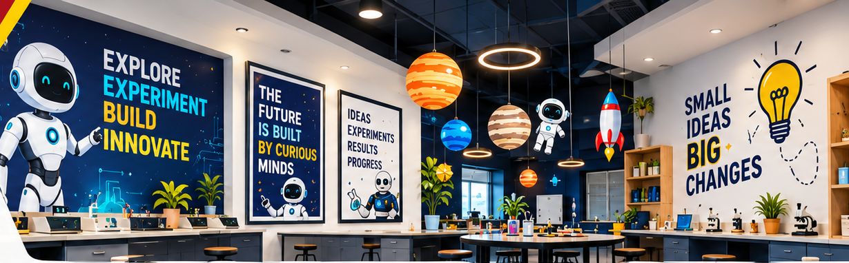 Innovation lab wall graphics, posters and hanging planet artifacts