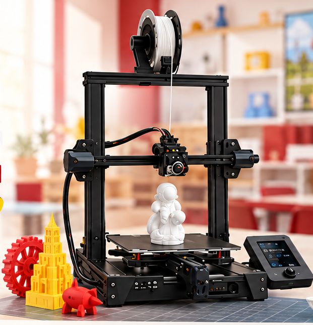 3D printing and prototyping station with printer and printed models for schools