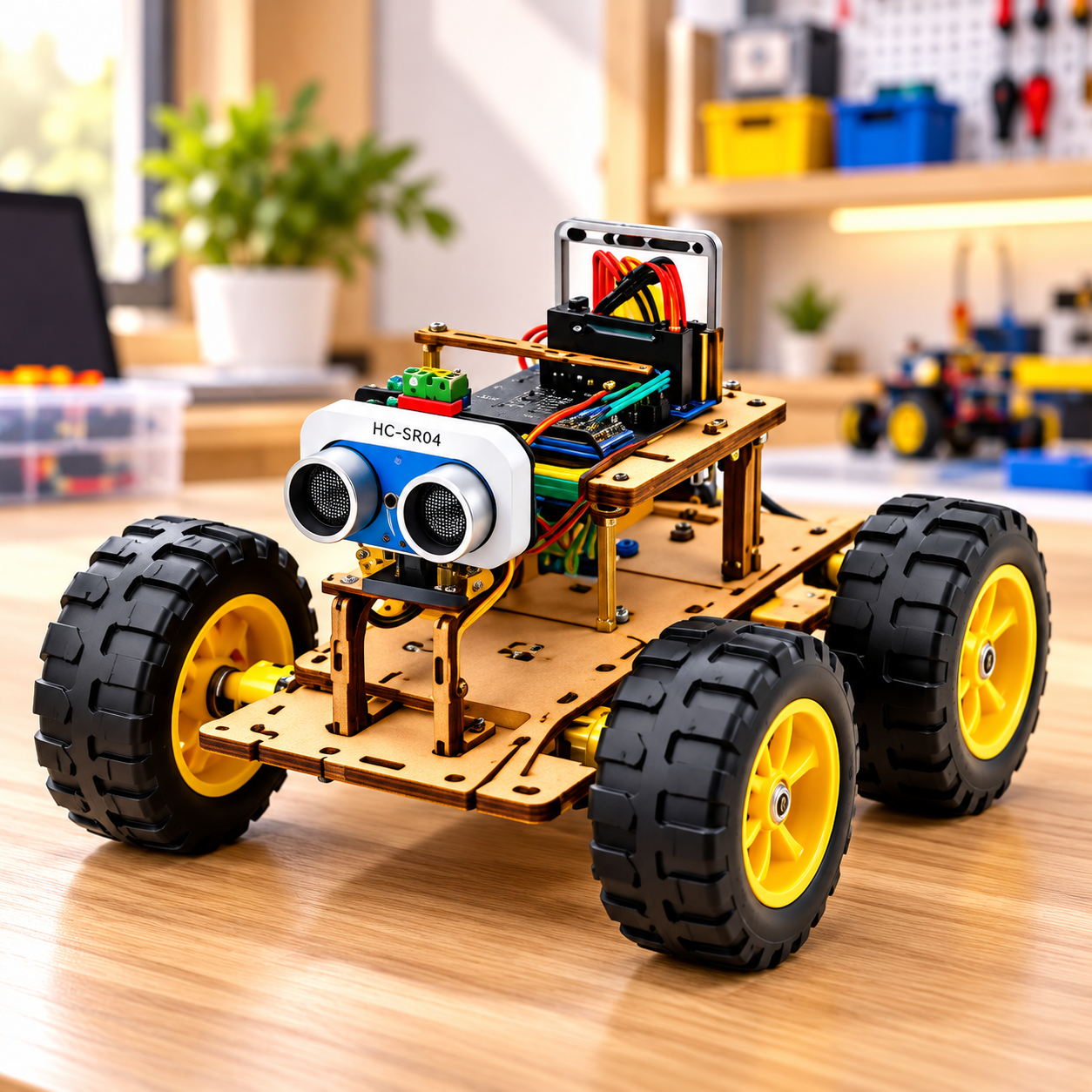CraftiQ MDF rover car project built with Neobot components