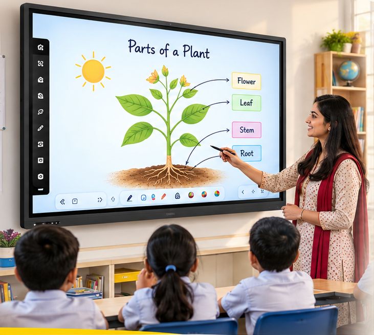 Teacher using a smart interactive panel in an innovation lab classroom