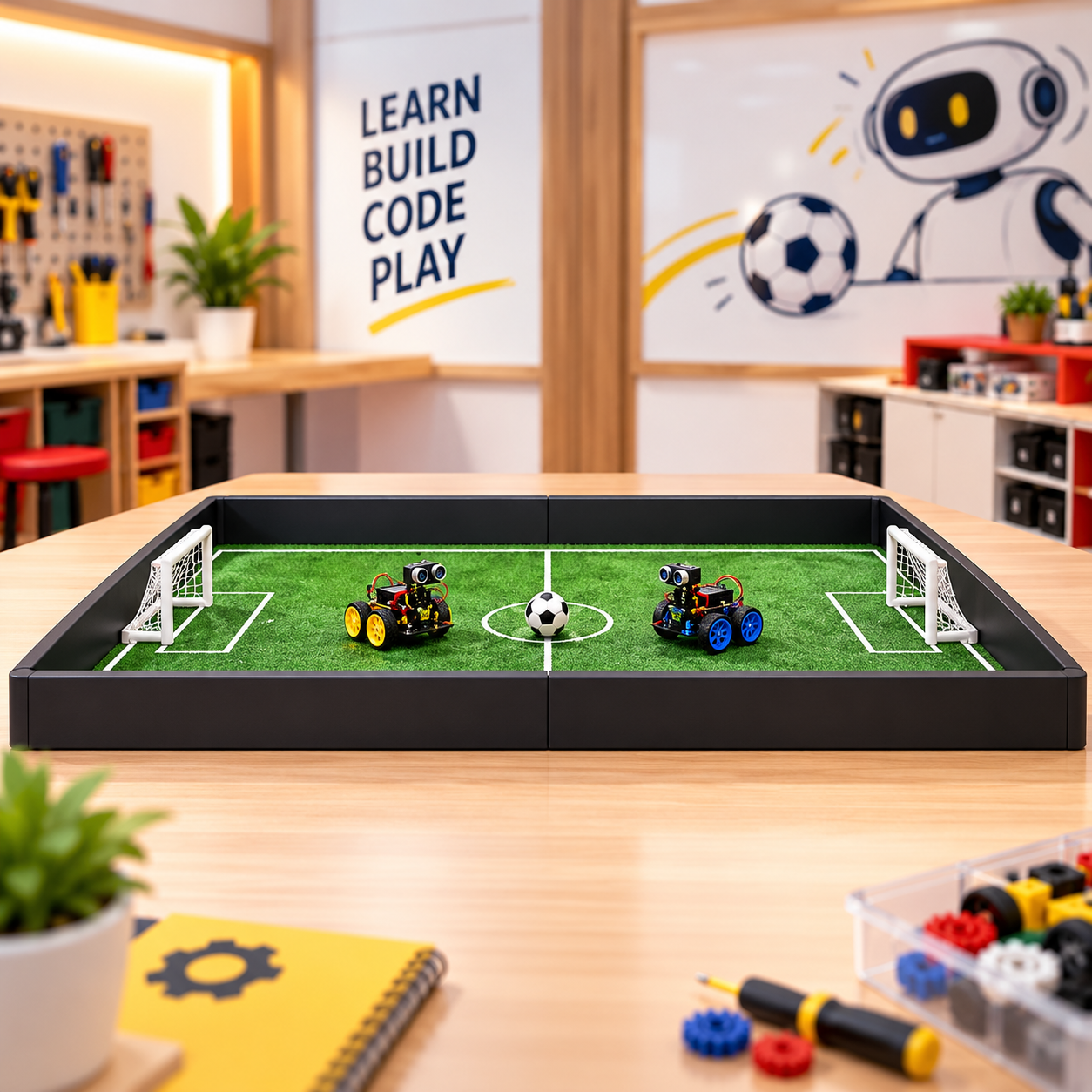 Robotics soccer arena with two robot cars and goals for school competitions