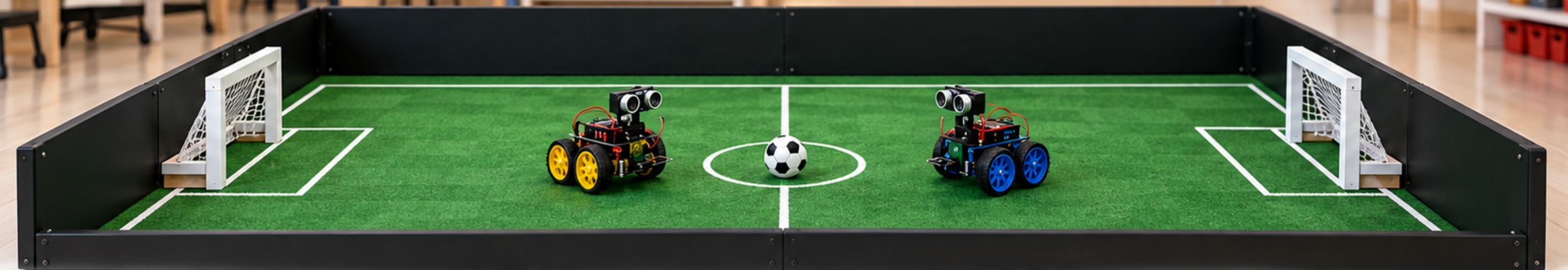 Robotics soccer arena with two robot cars and goals for school competitions