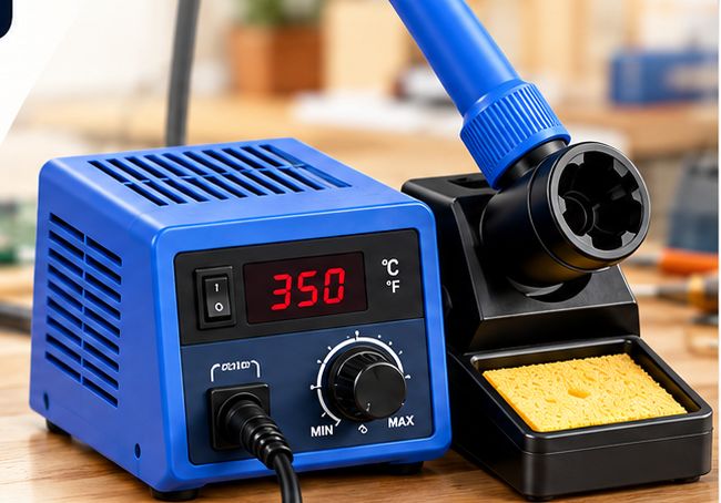 Temperature controlled soldering station with iron holder and cleaning sponge for school labs