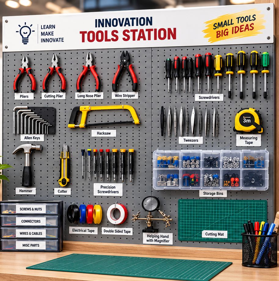 Innovation tools station pegboard with pliers, screwdrivers, hacksaw, tweezers and storage bins