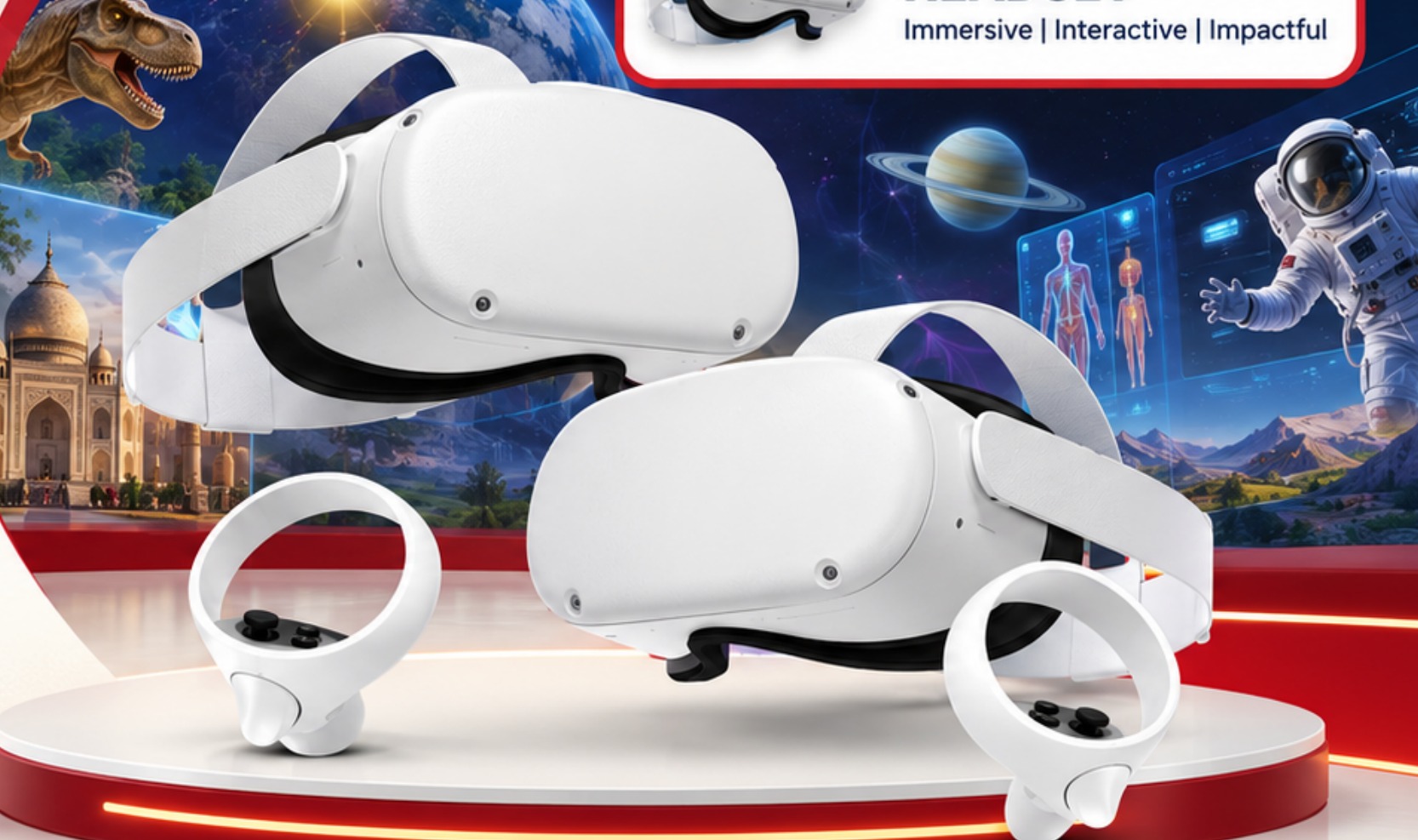 Two VR headsets with controllers for virtual reality learning station