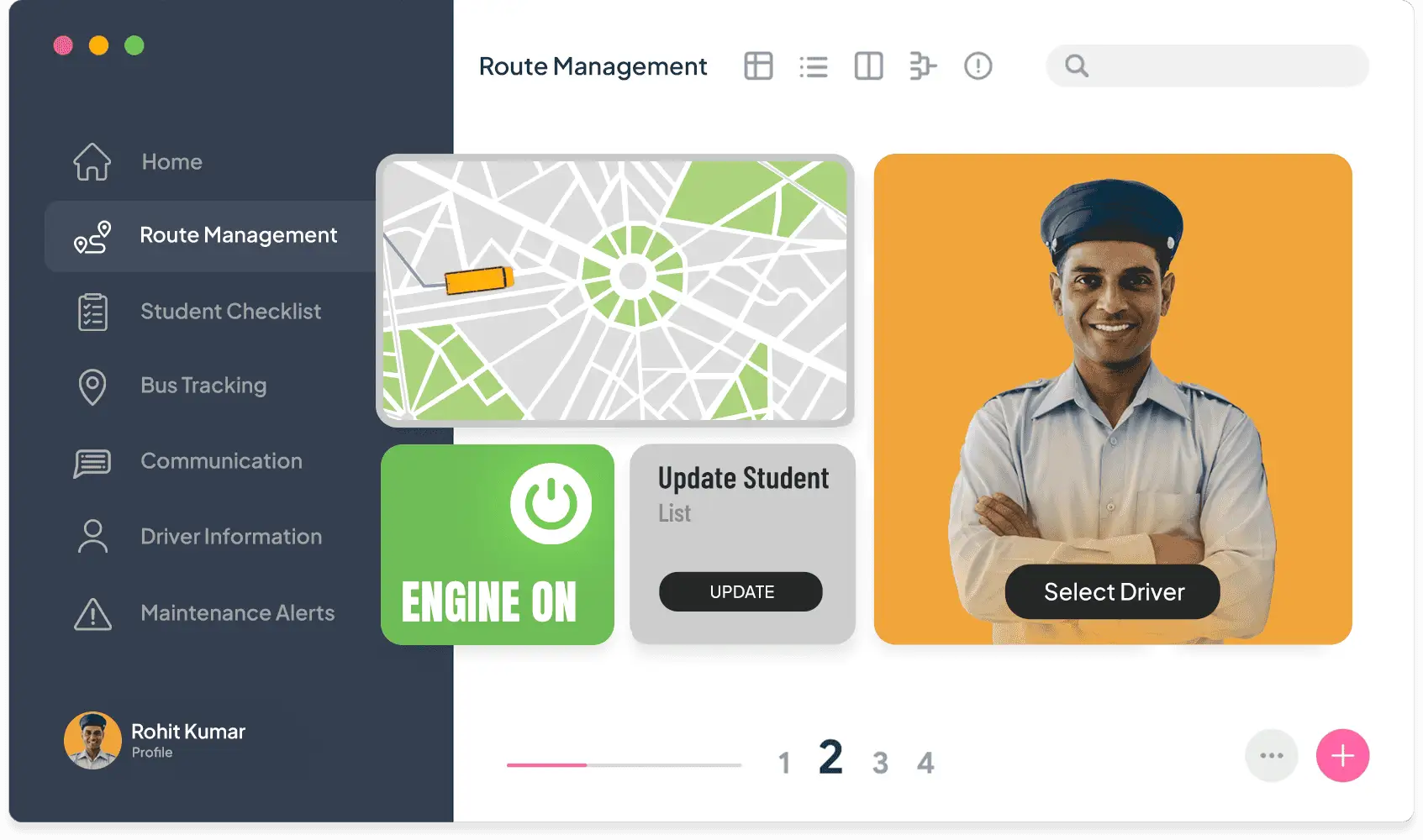School driver dashboard interface and route management preview
