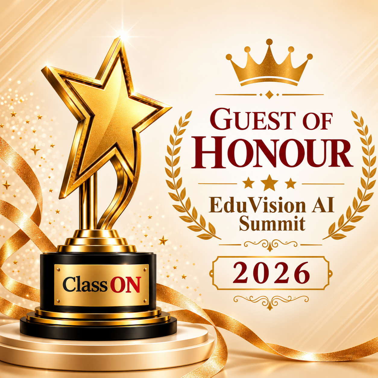Golden star trophy with Class ON nameplate beside the text "Guest of Honour, EduVision AI Summit 2026"
