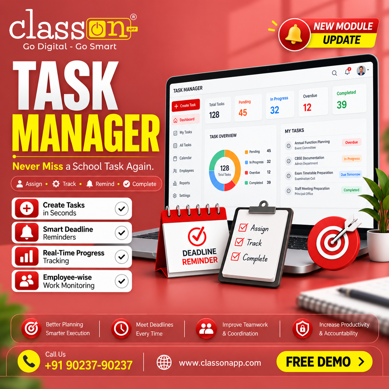 Task Manager Module - Class ON AI Powered School ERP Software