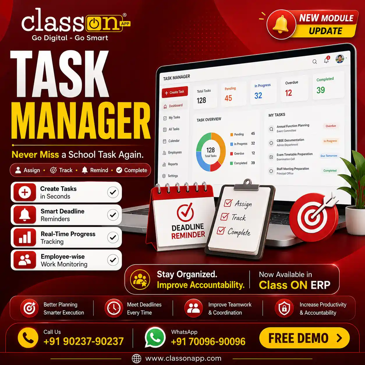 Task Manager Module - Class ON AI Powered School ERP Software