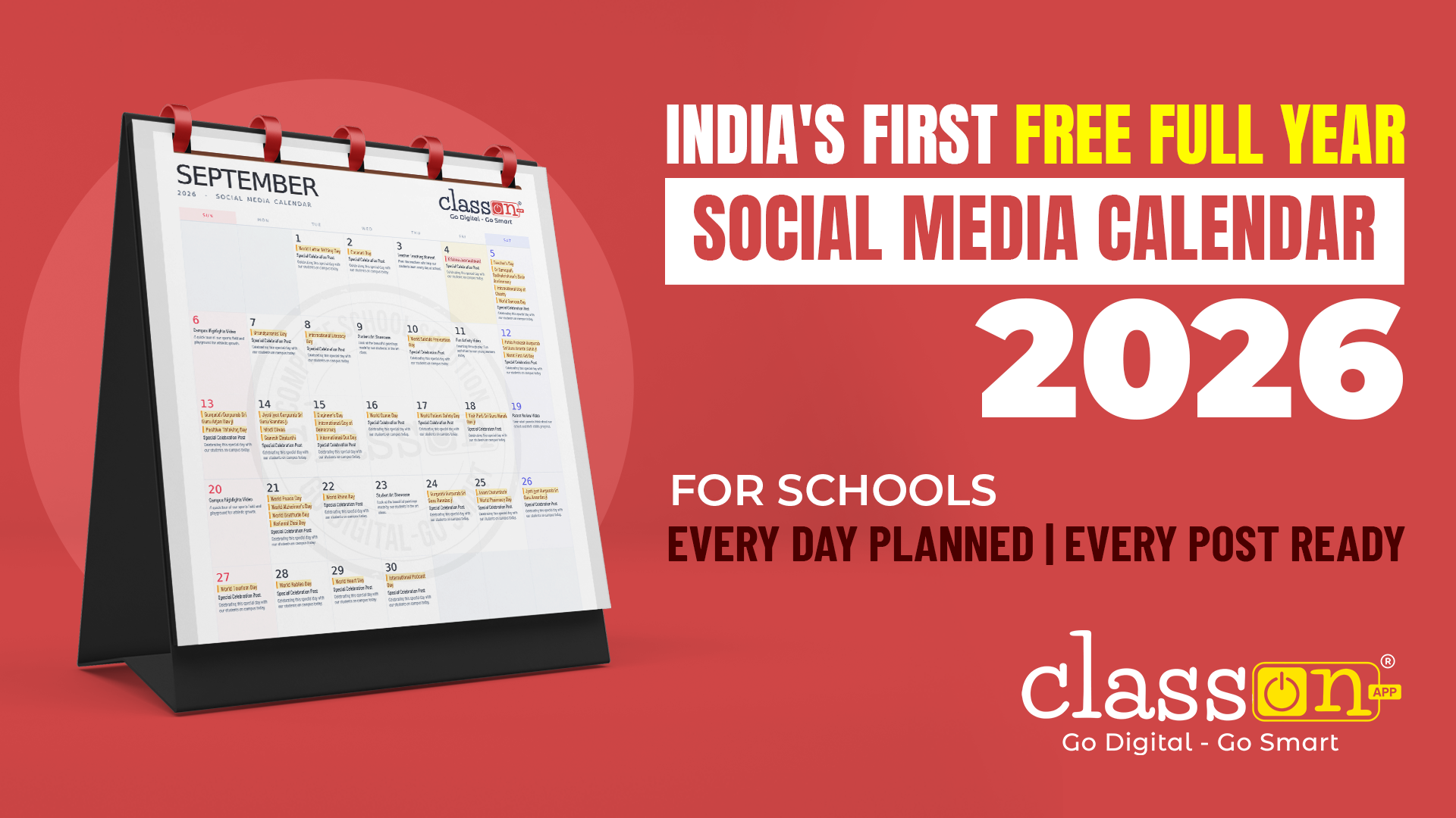 Free full year social media calendar for schools India 2026 CBSE ICSE state board Cambridge IB international school content plan Class ON App