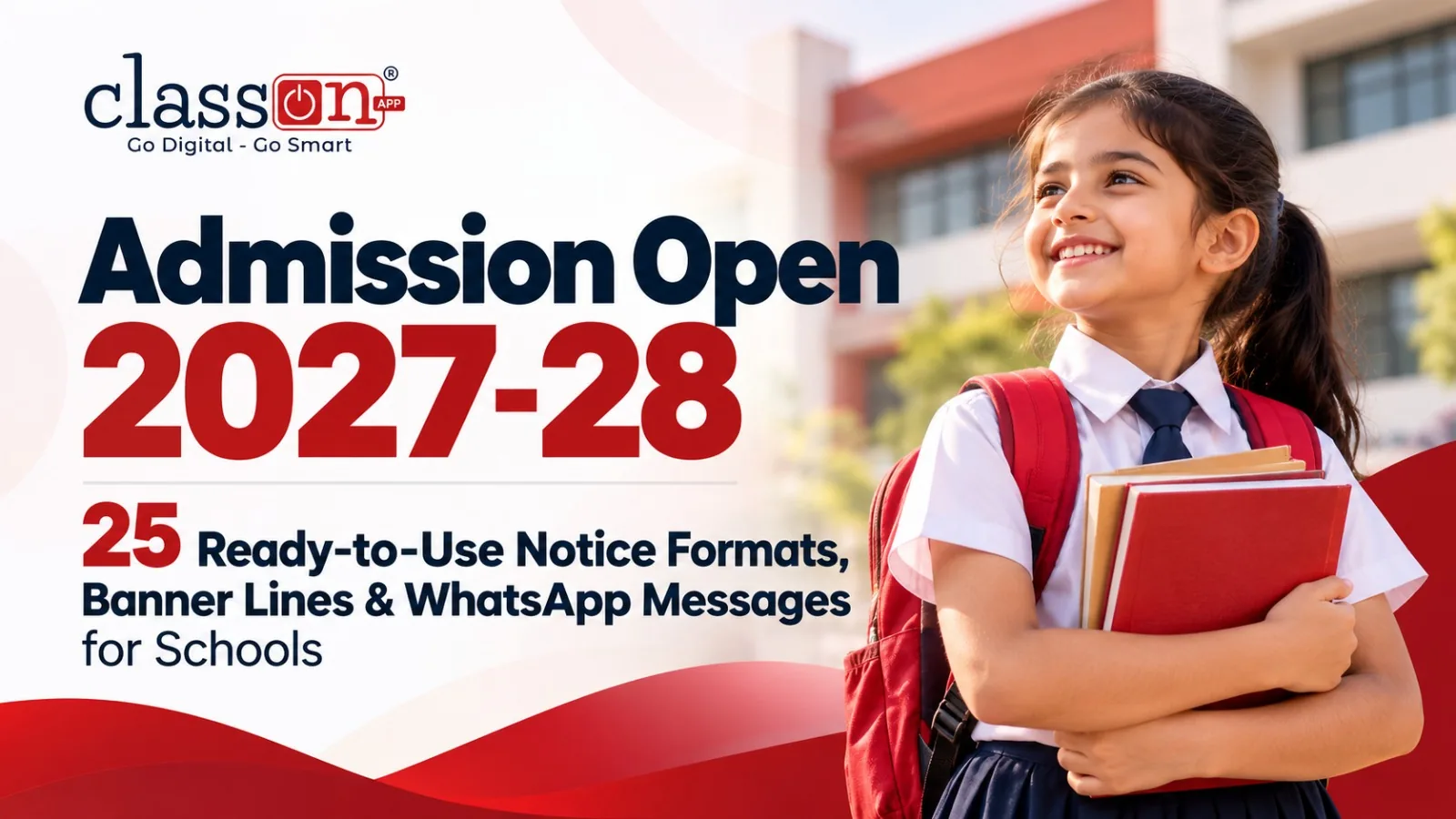 School admission open 2027-28 banner with smiling student and 25 notice formats for schools