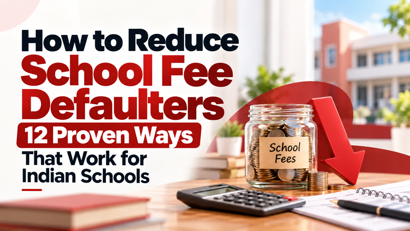 Coin jar, calculator and downward arrow showing how to reduce school fee defaulters in Indian schools with 15 proven ways